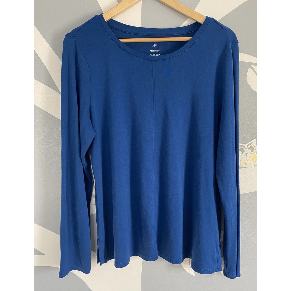 J Jill Top Women Sz Large Blue Pure Jill Stretch Pima Cotton Crew Neck Tee Shirt
